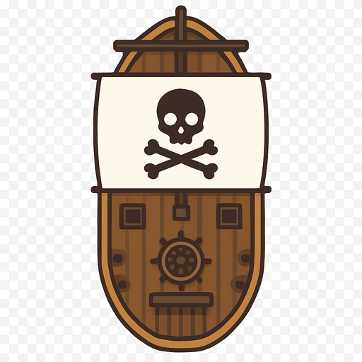 2D vector illustration of a pirate ship from top view perspective, minimalistic flat design, clean lines, no background (transparent), realistic ship shape, visible deck, helm, and other top-side details, symmetrical composition.. In-Game asset..
In-Game asset.  2d.  High contrast.  No shadows