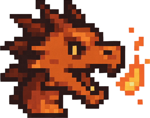 A small pixel art dragon head viewed from the side, mouth slightly open as if letting out a small roar. Glowing embers or a little flame is coming out of its mouth to symbolize that sound is on. The style is cute and retro, matching a fantasy-themed 2D game UI icon..
In-Game asset.  2d.  High contrast.  No shadows. pixel art. side view. cute. fantasy. retro. flame. icon. dragon