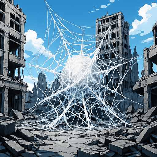 giant web nest at ruins of city
In-Game asset.  3d realistic cgi anime.  High contrast.  No shadows