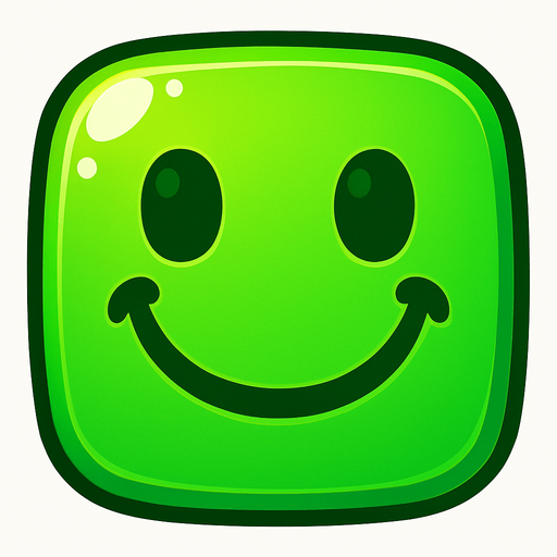 Can you draw a smiling face with rounded edges, green and shiny effect?.
In-Game asset.  2d.  High contrast.  No shadows