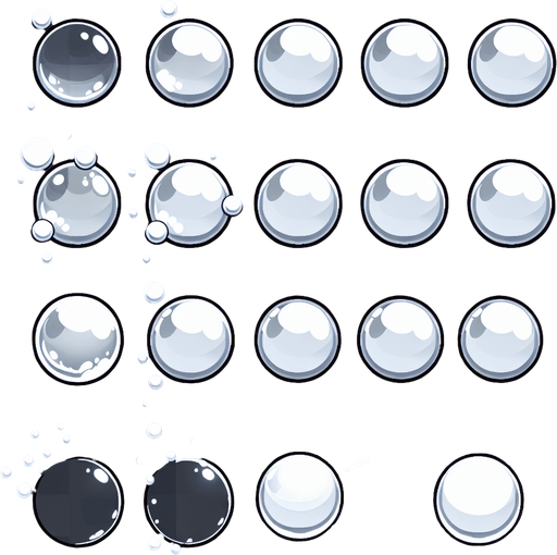 Sprite sheets of simple white bubble for bubble shatter game. Many options..
Single Game Texture. In-Game asset. 2d. Blank background. High contrast. No shadows.