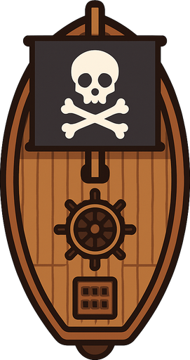 2D vector illustration of a pirate ship from top view perspective, minimalistic flat design, clean lines, no background (transparent), realistic ship shape, visible deck, helm, and other top-side details, symmetrical composition.. In-Game asset..
In-Game asset.  2d.  High contrast.  No shadows