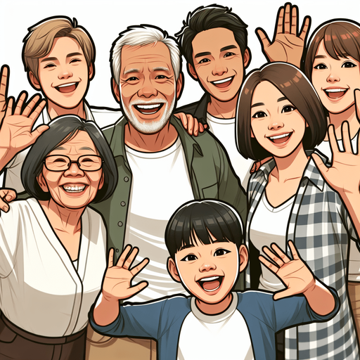 A smiling family waving..
Single Game Texture. In-Game asset. 2d. Blank background. High contrast. No shadows.