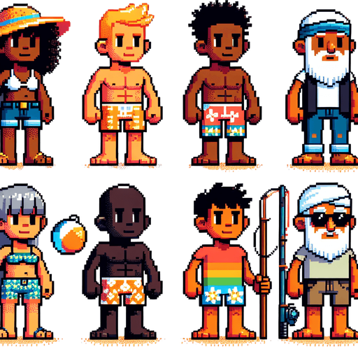 5 cartoon 8 bit beachy characters.
Single Game Texture. In-Game asset. 2d. Blank background. High contrast. No shadows.