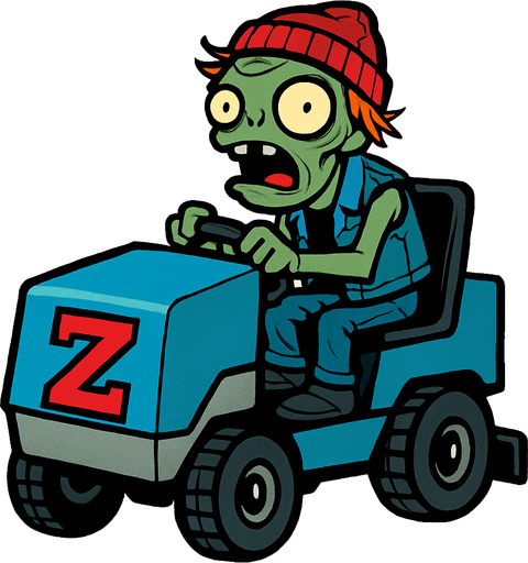 Un zombi con piel verdosa y pálida, cabello rojizo despeinado y un gorro de lana rojo. Viste un chaleco de mezclilla sin mangas sobre una camiseta negra y pantalones de mezclilla. Está sentado en un vehículo de mantenimiento de hielo azul y gris, similar a una Zamboni, con una gran "Z" roja en el frente. El vehículo tiene ruedas pequeñas y negras, y el Zomboni lo conduce con una expresión de asombro y determinación, con la boca abierta..
In-Game asset.  2d.  High contrast.  No shadows