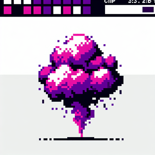 purple ink-jet smoke. pixelated. 8 bit..
Single Game Texture. In-Game asset. 2d. Blank background. High contrast. No shadows.