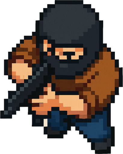 Draw a Man He Have Baclava mask wearin brown shirt and blue pants He Using Gun with 2 hands 
 in 2D Pixel Art Style and Do It from an Above Perspective.In-Game asset.  2d.  High contrast.  No shadows