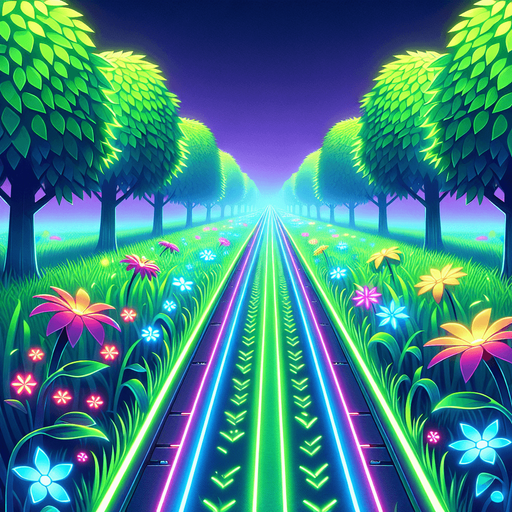 "A straight grassy path with glowing green neon edges, lined with vibrant flowers and futuristic-looking trees on both sides. The background is in a cyberpunk style with soft glowing grass, bioluminescent flowers, and stylized trees with colorful leaves. Bright, clean night setting with a subtle purple-blue sky glow in the distance, suitable for a side-scrolling neon runner game. Stylized, vibrant, 2D art.".
Single Game Texture.  In-Game asset.  2d.  Blank background.  High contrast.  No shadows