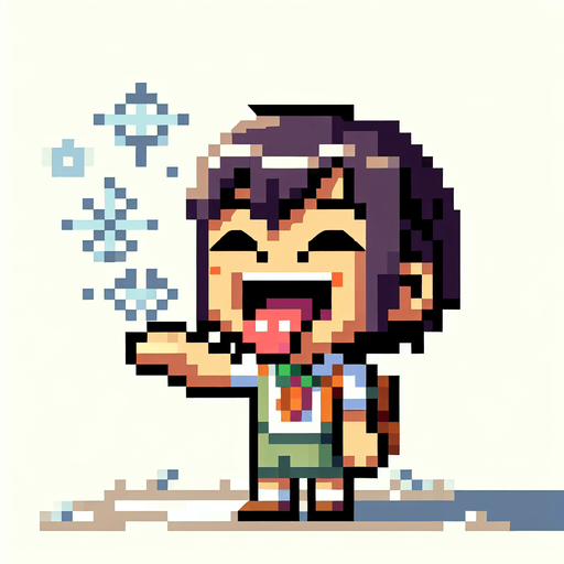 8bit person holding their tongue up to catch snowflakes.
Single Game Texture. In-Game asset. 2d. Blank background. High contrast. No shadows.