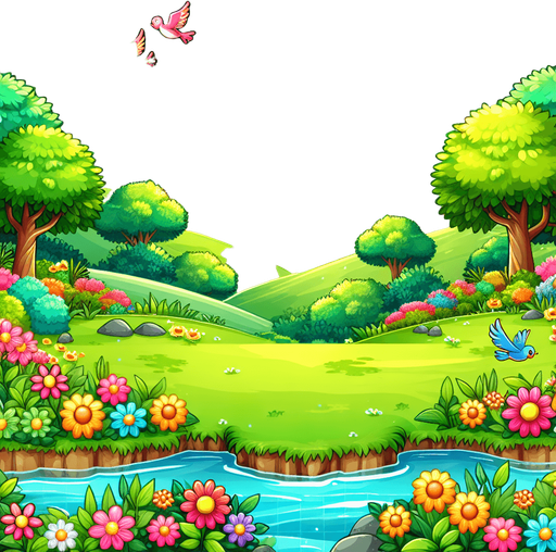 A background image for a puzzle video game depicting the season of summer. Cartoon.
Single Game Texture. In-Game asset. 2d. Blank background. High contrast. No shadows.
