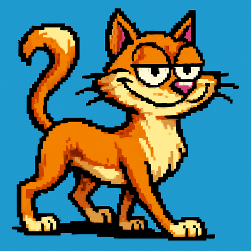 Gato con el estilo pixel art de earthworm jim mezcla con ren y stimpy, gracioso y soberbio pero adorable, caminando en cuatro patas, alto , visto de perfil, es un gato bellisimo de exposicion con pelaje suave y el lo sabe
In-Game asset.  2d.  High contrast.  No shadows