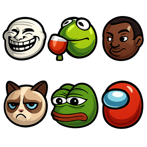 sprite sheet of famous modern meme faces of: Trolololo, Kermit sips tea, Think black Guy, Grumpy Cat, Pepe the frog, among us. each face shaped as a round marble shaped face made in blender 3D..
In-Game asset.  2d.  High contrast.  No shadows