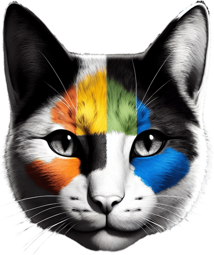 Tricolor cat face view.
Single Game Texture. In-Game asset. 2d. Blank background. High contrast. No shadows.