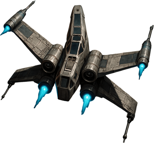 A detailed top-down view of a futuristic sci-fi starfighter inspired by classic space opera aesthetics. The ship has an X-shaped wing configuration with sleek, metallic surfaces, engine nacelles on each wingtip, and a compact central cockpit. The design features weathered textures, battle scars, and glowing blue thrusters. The wings are equipped with small laser cannons at the ends. The background is deep space with stars and a distant nebula. The ship appears to be flying or hovering, with subtle lighting and shadows to enhance depth. Highly detailed, concept art style, 4K resolution. Original and copyright-safe, inspired by retro starfighter designs..
In-Game asset.  2d.  High contrast.  No shadows