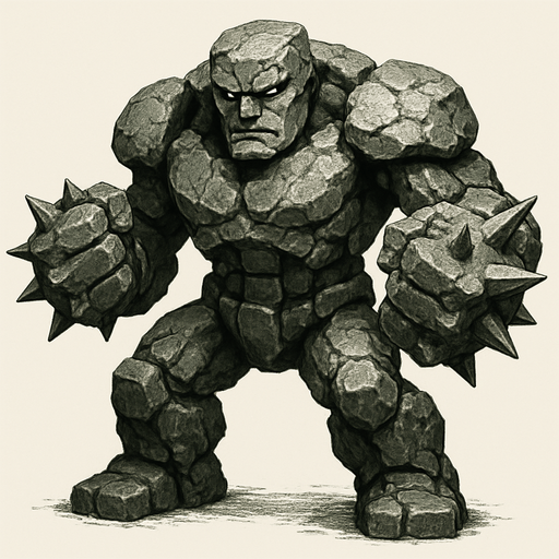 un golem de piedra listo para pelear con puños con puas ultra realista.
In-Game asset.  2d.  High contrast.  No shadows
