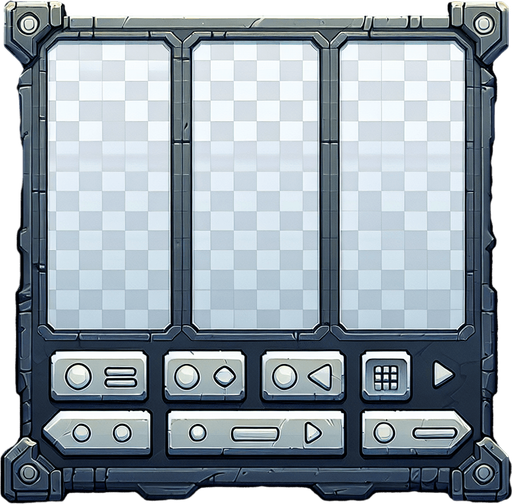 A game menu bar that has five slots with transparent background..
Single Game Texture. In-Game asset. 2d. Blank background. High contrast. No shadows.