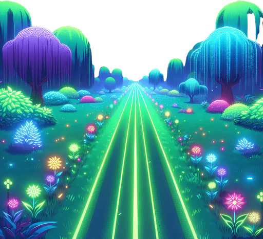 "A straight grassy path with glowing green neon edges, lined with vibrant flowers and futuristic-looking trees on both sides. The background is in a cyberpunk style with soft glowing grass, bioluminescent flowers, and stylized trees with colorful leaves. Bright, clean night setting with a subtle purple-blue sky glow in the distance, suitable for a side-scrolling neon runner game. Stylized, vibrant, 2D art.".
Single Game Texture.  In-Game asset.  2d.  Blank background.  High contrast.  No shadows
