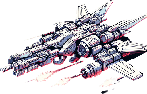 Space shooter with high weapons like missile and cannon.
Single Game Texture.  In-Game asset.  2d.  Blank background.  High contrast.  No shadows. 3d