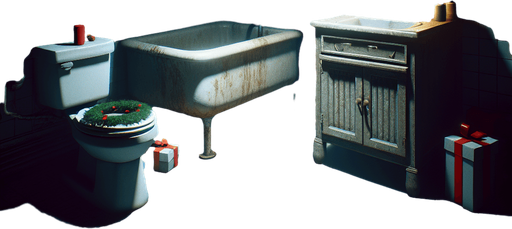 Eerie Christmas-inspired bathroom similar to a resident evil room
Single Game Texture. In-Game asset. 2d. Blank background. High contrast. No shadows.