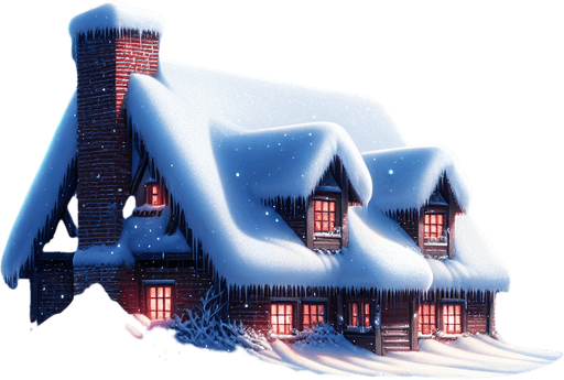 close up of a Snow covered roof, Winter scene, star lit night sky, brick chimbly on right hand side, Single Game Texture. In-Game asset. 2d. Blank background. High contrast. No shadows.