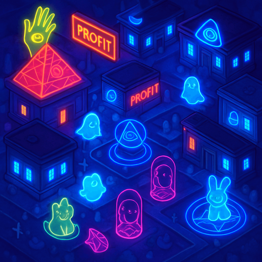 Top down isometric neon cyberpunk spooky ghost town street village town layout glowing holograms ghosts magic sigils kawaii animals