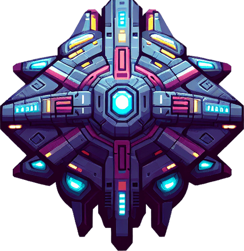 Alien Space enemy ship facing down
2D art, game texture, blank background. Sprite sheet asset.
Design Guideline: The game's style is bright, high-quality vector graphics with sharp, clean lines and a modern aesthetic. Colors should be vivid and contrast well, emphasizing a futuristic, sleek feel. Textures are minimalistic, focusing on flat surfaces with subtle gradients for depth. Lighting effects are dynamic yet soft, enhancing the vibrancy without overpowering. Assets should look consistent, fitting a coherent, tech-savvy universe. Think 'sophisticated simplicity' for a futuristic, engaging spaceship game.