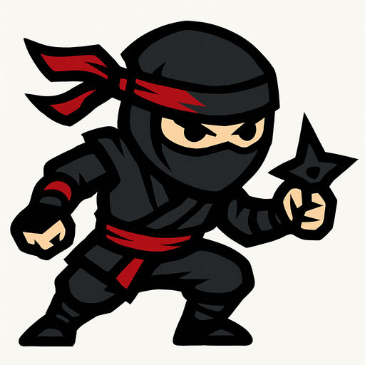 A generally black and grey ninja, but with a few red details..
In-Game asset.  2d.  High contrast.  No shadows