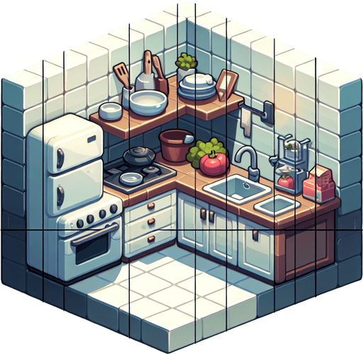 mutfak.
Single Game Texture.  In-Game asset.  2d.  Blank background.  High contrast.  No shadows