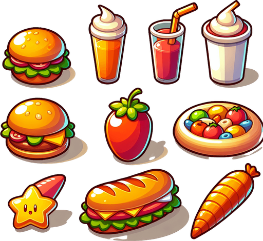 cartoon food.
Single Game Texture.  In-Game asset.  2d.  Blank background.  High contrast.  No shadows