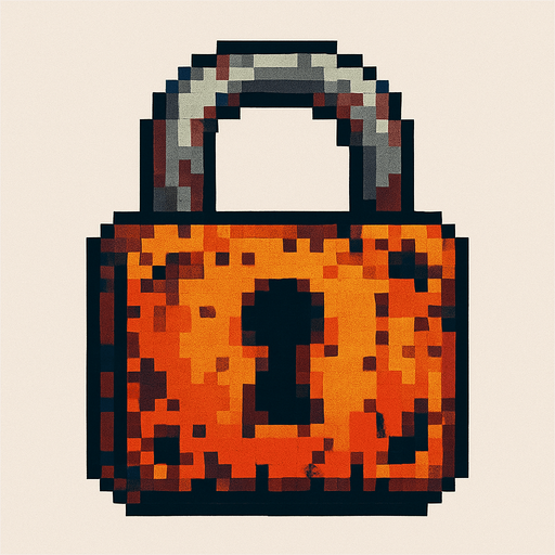 Pon un candado apocalitico pixelar, con bordes reodndo y cuadrado,.
In-Game asset.  2d.  High contrast.  No shadows