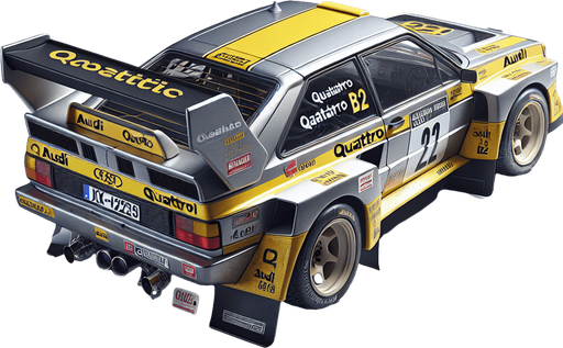Photorealistic Audi Quattro B2 rally car with yellow stickers, from topback view