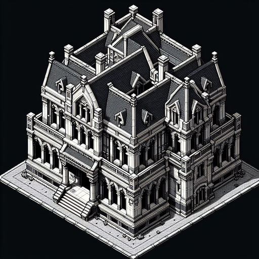 top down view of building.
Single Game Texture.  In-Game asset.  2d.  Blank background.  High contrast.  No shadows