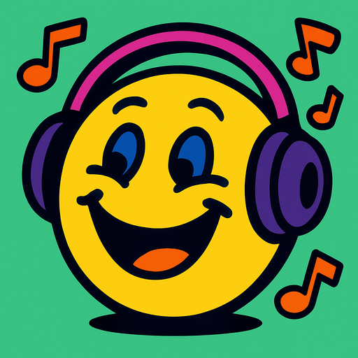 müzik dinleyen neşeli surat.
In-Game asset.  2d.  High contrast.  No shadows