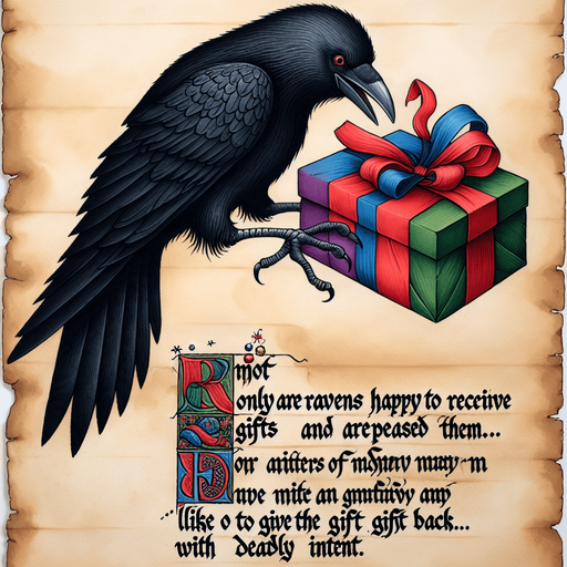 a pergament with a raven stealing a christmas present on the top. At the bottom is the text: "Not only are ravens happy to receive gifts and are appeased by them, they also like to give the gift back... with deadly intent."