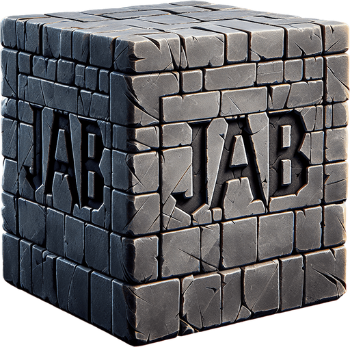 a forward facing brick with the writing "Jab" Single Game Texture. In-Game asset. 2d. Blank background. High contrast. No shadows.