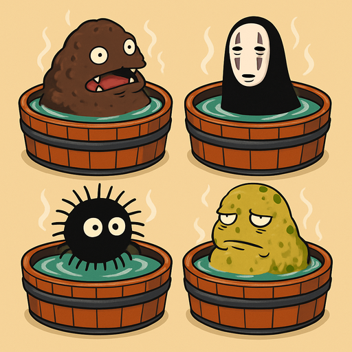 Japanese circle bath have different stink spirits from movie "spirited away". each one per bath. HD colors.
In-Game asset.  2d.  High contrast.  No shadows