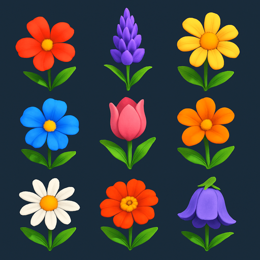 Pack of different flowers.
In-Game asset.  High contrast.  No shadows. 3D