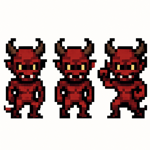 A sprite sheet for a demonic imp.Two walking sprites alternating feet and one attack sprite. Straight forward frontal view. Imp is facing the camera. White background. Retro pixel art..
In-Game asset.  2d.  High contrast.  No shadows