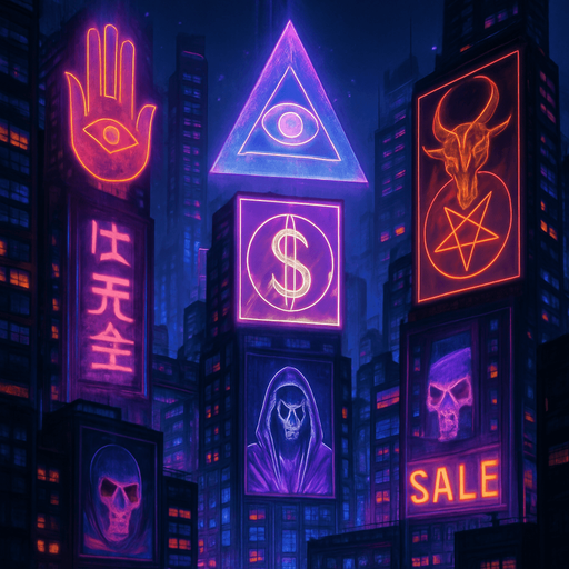 cyberpunk neon anime metropolis skyline corporate holograms billboards, occult-capitalism-consumerism imagery nighttime futuristic architecture glow