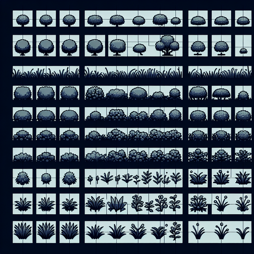Create a sprite sheet showing various bushes and grass.  The design should exclusively include overhead views. Arrange the components on a dark background, neatly aligning each part in rows and columns for easy identification and use in game development..
Single Game Texture. In-Game asset. 2d. Blank background. High contrast. No shadows.