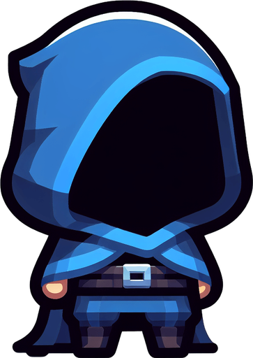 Pessoa pequena de cabelo preto usando capuz azul e calça azul pequena que esconde sua face com o seu capuz.
Single Game Texture. In-Game asset. 2d. Blank background. High contrast. No shadows.