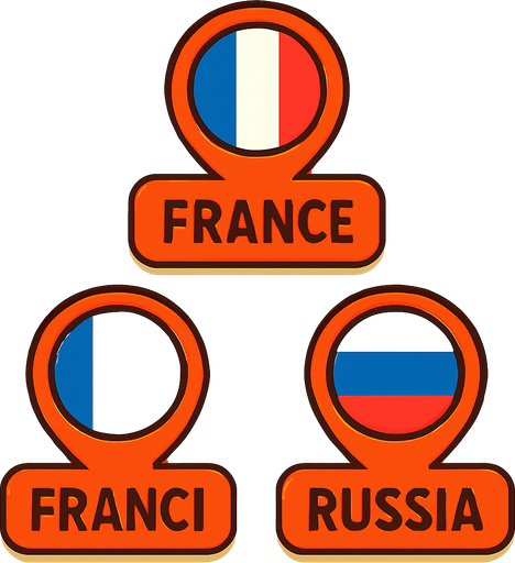 A flat, 2D game UI-style asset showing a vertical set of three country pins labeled: "France "Russia". Each pin includes a circular flag icon above the text label. The layout is columnar, cartoonish, and visually clean. Each pin should be exportable or usable individually for a mobile game's level selection screen..
In-Game asset.  2d.  High contrast.  No shadows