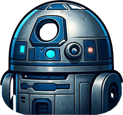 A stylized app or game icon featuring the head of a compact, dome-shaped sci-fi droid. The droid has a shiny metallic silver and blue color scheme, a round central photoreceptor "eye," and various small lights, sensors, and panels. The design is friendly and futuristic, with clean mechanical details and a slightly worn metallic finish. The background is dark or softly glowing with blue tones, highlighting the droid’s silhouette. Square or circular layout, 1024x1024 resolution, high detail, concept art style. Inspired by classic sci-fi utility robots, fully original and suitable for use without copyright concerns..
In-Game asset.  2d.  High contrast.  No shadows
