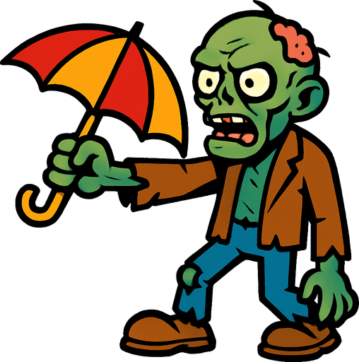 a zombie raises an umbrella forward.
In-Game asset.  2d.  High contrast.  No shadows