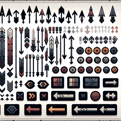 A spritesheet containing various interface elements for a viking themed game, including arrows in various colors pointing up. all in muted colors..
Single Game Texture. In-Game asset. 2d. Blank background. High contrast. No shadows.