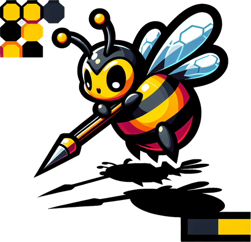 chibi vertical image of bee. dived down attack with spear sting 
Single Game Texture.  In-Game asset.  2d.  Blank background.  High contrast.  No shadows