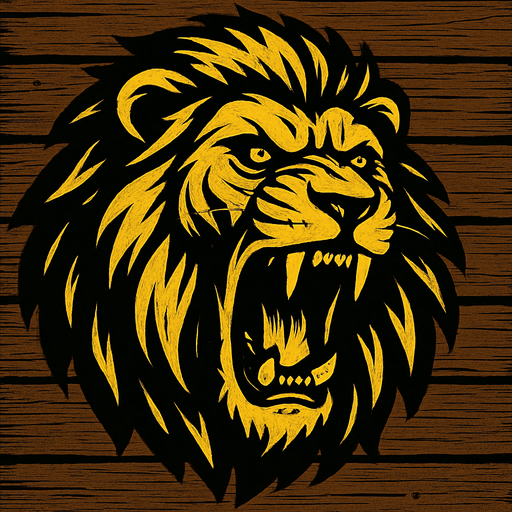 A scary lion image with wooden background.
In-Game asset.  2d.  High contrast.  No shadows