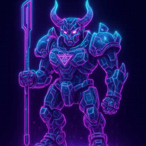 Neon cyberpunk 3d hologram corporate occult demon android mecha robot sentinel guard soldier machine monster fully in frame no part cut off no background anime futuristic
