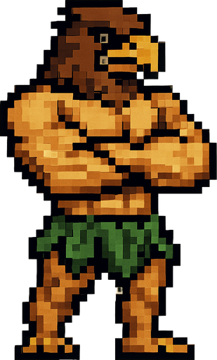Aguila real furry fuerte cruzando los brazos sin camisa y gran pectoral con un taparrabos de hojas pixeleado todo el cuerpo.
In-Game asset.  2d.  High contrast.  No shadows