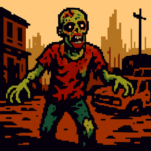 Post apocalyptic zombie pixel art less pixel.
In-Game asset.  2d.  High contrast.  No shadows